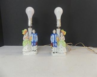 Vintage 1940s Made in Occupied Japan Pair of Porcelain Victorian Couple Figurine Lamps