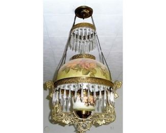 Vintage Exquisite Victorian Brass & Milk Glass Hanging Hurricane Lamp