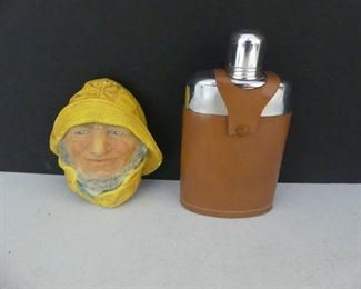 Frosted Glass Flask with Stainless Shoulders, Neck & Cover in Top Grain Cowhide and Fisherman Wall Hanging