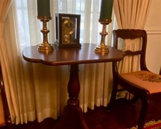 Antique Candle Table, two vintage chairs, brass candlesticks and clock