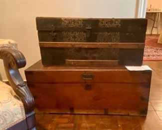  Small metal chest (vintage). Seaman’s antique brass trimmed chest (circa 1800s)