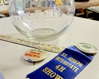 St. Joseph items. Rexall counter jar, Sutherlands metal ruler, Interstate 4H button w/ ribbon, "I Support Urban Renewal" button