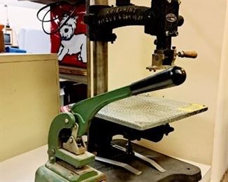 Vintage store machinery. "Kwikprint" stamp machine and satin ribbon bow making machine