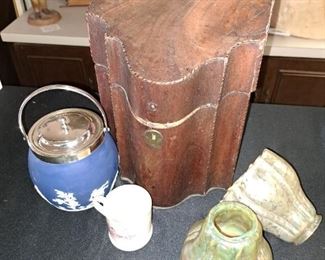 Mahogany King George III knife box, Jasperware biscuit barrel, Tiffany-style iridescent light shades