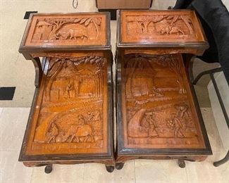 Uniquely carved wood end tables.