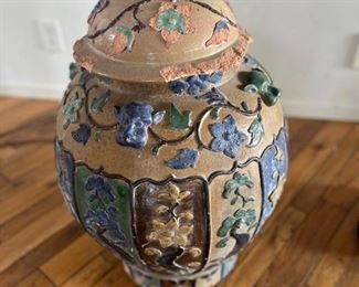 Antique Hand Painted Stoneware Ceramic Vessel w/Lid 29" High x 17" Wide