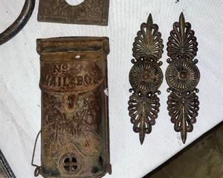 Antique Griswold No. 3 Mailbox Cast Iron. And, a pair of Antique Brass Flower Hardware and Long Leaf Back Plate.