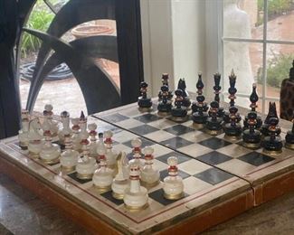 Vintage 1955 Khalturin Chess Set, 2'x2', all pieces. Board is also storage, felt lined. Natural wear n' tear.