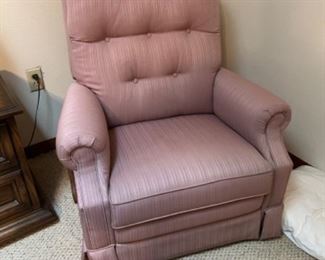 Rose colored smaller size recliner available for presale $110