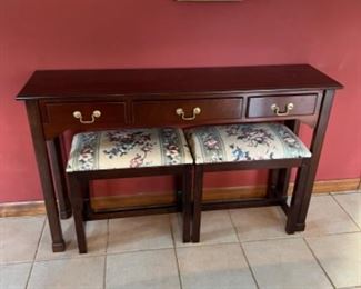 Small 3 drawer table with 2 stools available for presale for $65.00 measures 48” long by 12” wide and 29” tall