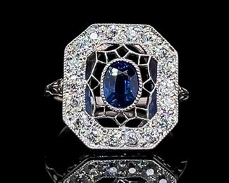Antique Art Deco 1.25ctw Natural Blue Sapphire & Old European Cut Diamond Filigree Estate Ring in Platinum