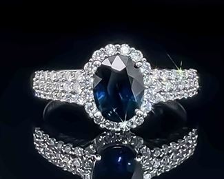 1.70 Carat Oval Natural Blue Sapphire & Diamond Halo Triple Row Ring in 14k White Gold
