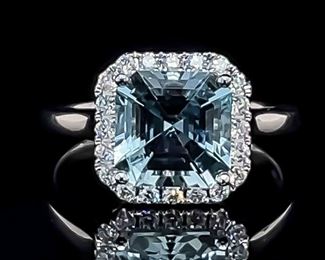 Brand New! 2.25 Carat Asscher Cut Natural Aquamarine & Halo Diamond Ring in 14k White Gold