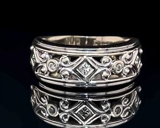 Ornate Diamond Princess & Round Openwork Filigree Scroll Estate Ring in 14k White Gold
