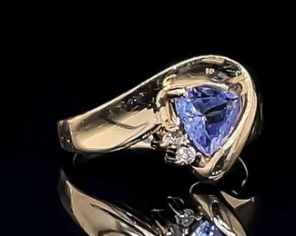Triangle Tanzanite & Diamond Curved Contemporary Swirling Ring in 14k Yellow Gold