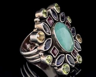 Emerald & Gemstone Jumble Bezel Set Cluster Ornate Vintage Style Ring
