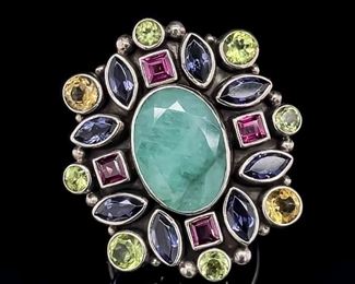 Emerald & Gemstone Jumble Bezel Set Cluster Ornate Vintage Style Ring