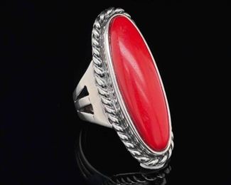 Coral Oblong Elongated Cabochon Twisted Rope Bezel Ring