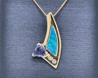 Natural Tanzanite, Diamond & Opal Inlay Geometric Contemporary Slide Pendant in 14k Yellow Gold, Abstract Artistry