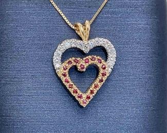 Fine Quality Diamond & Natural Ruby Double Heart Halo Estate Pendant in 14k Yellow Gold
