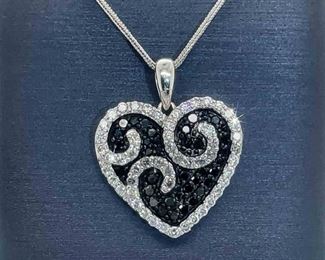 1.50ctw Black & White Diamond Ribbon Pave Heart Drop Pendant Necklace in 14k White Gold