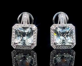 4.00 Carat+ Natural Aquamarine Square Radiant & Diamond Halo Omega Back Drop Earrings in 14k White Gold