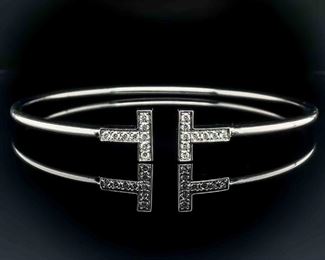Designer TIFFANY & CO. Diamond Open Cuff T-Bangle "T" Wire Bracelet in 18k White Gold