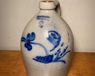 Salt glaze crock jug with cobalt design