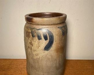 Salt glaze stone ware storage jar with cobalt design