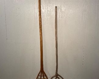 Wooden hay forks, one of which is treen ware(all made from 1 pc of wood)