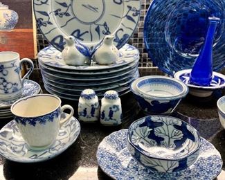 Blue and white various dishes - modern, antique, Dutch, Chinese, Contemporary - nice eclectic mix that all goes together