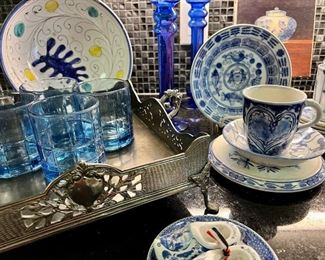 Blue and white various dishes - modern, antique, Dutch, Chinese, Contemporary - nice eclectic mix that all goes together
