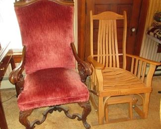 Vintage High back accent chair and Amish made wooden glider