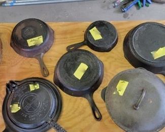 Griswold waffle maker (has a weld repair) Lodge and other assorted skillets