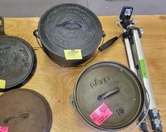 Vintage Smucker's skillet, Lodge Dutch Oven, LH Rogan pot and Griswold lid