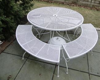 Vintage Woodard Round Patio Table with 3 curved Benches