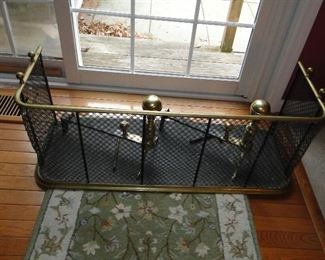Antique fireplace screen and andirons