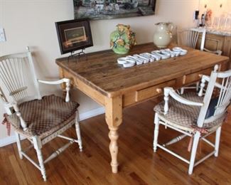 REclaimed Wood European Heritage Table with White English Wood Chairs/woven seats