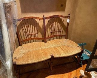 European Wood and Woven Seat Settee - very stylish!