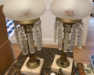 Antique brass & etched glass, alabaster base desk lamps. Converted