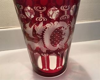 Vtg etched ruby red bohemian 12” vase