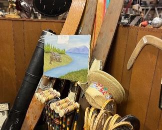 Vintage skis and croquet