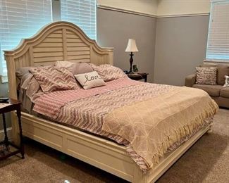  Paula Deen Home: Steel Magnolias 3 piece King Bedroom Ensemble
Includes:
King bed frame, Ladies Large 9 drawer/1 cabinet w large mounted mirror, Tall Chest of Drawers w/4 drawers & a drop down door-space for electronics, w a side Compartment w 3 shelves hidden by levered door
FYI This ensemble is sold at Macy ‘s and Star Furniture, but currently it is out of stock.  
This rustic bedroom set from Paula Deen exudes Southern hospitality in every detail with pin-knotty cherry veneers painted in warm linen tones and lightly distressed for a distinctive aged look.  Color matched hardware.

California king bed: 81”W x 90”D x 68”H (6 mo old Sleep Number mattress/mechanical base is sold separately)

Tall Chest features top drawer with drop-down glass front for audio or cable box storage; hole for wire management, 4 drawers, door w 3 shelves, pull out side rod for hanging clothes
•	English dovetail drawers; dust-proof panels; wood-on-wood guides
•	3 adjustable wood shelves and pull-out clothing