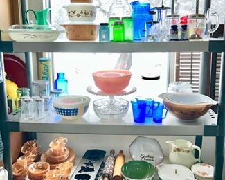 Vintage Pyrex, Fire King peach luster dishes, cast iron molds, rolling pins, Mid-Century metal bowls, stoneware casserole, etc.