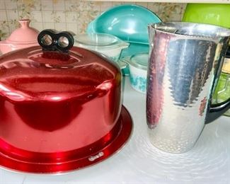 Aluminum red cake taker, silver tone pitcher