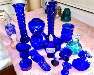 Cobalt blue vases, ashtrays, perfume bottles, etc. 