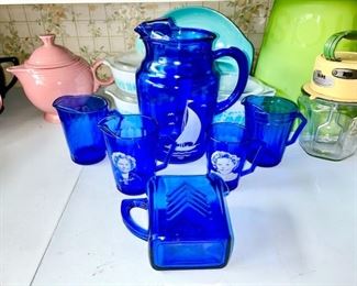 Shirley Temple pitchers, cobalt sailboat pitcher, cobalt pitchers