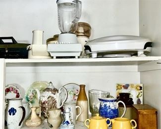 Misc. porcelain, ceramic pitchers, creamers, Fiesta creamer & sugar (some chips), wooden recipe box, small appliances