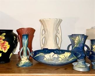 Tiffin black satin and hand painted vase, Roseville pieces, large McCoy vase (some are SOLD)