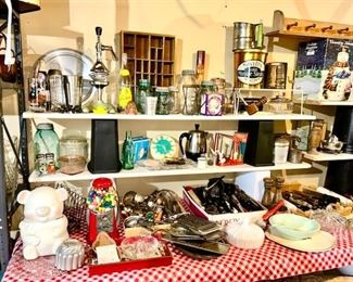 Vintage kitchen collectibles, advertising bottles, tins, etc. (some items SOLD)